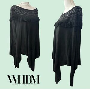 White House Black Market Elegant Black Beaded Tassel Poncho. Medium.